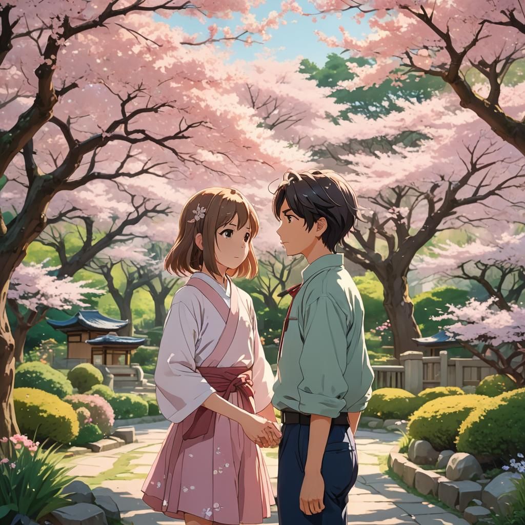 Anime Rescue in Japanese Garden with Pastel Colors