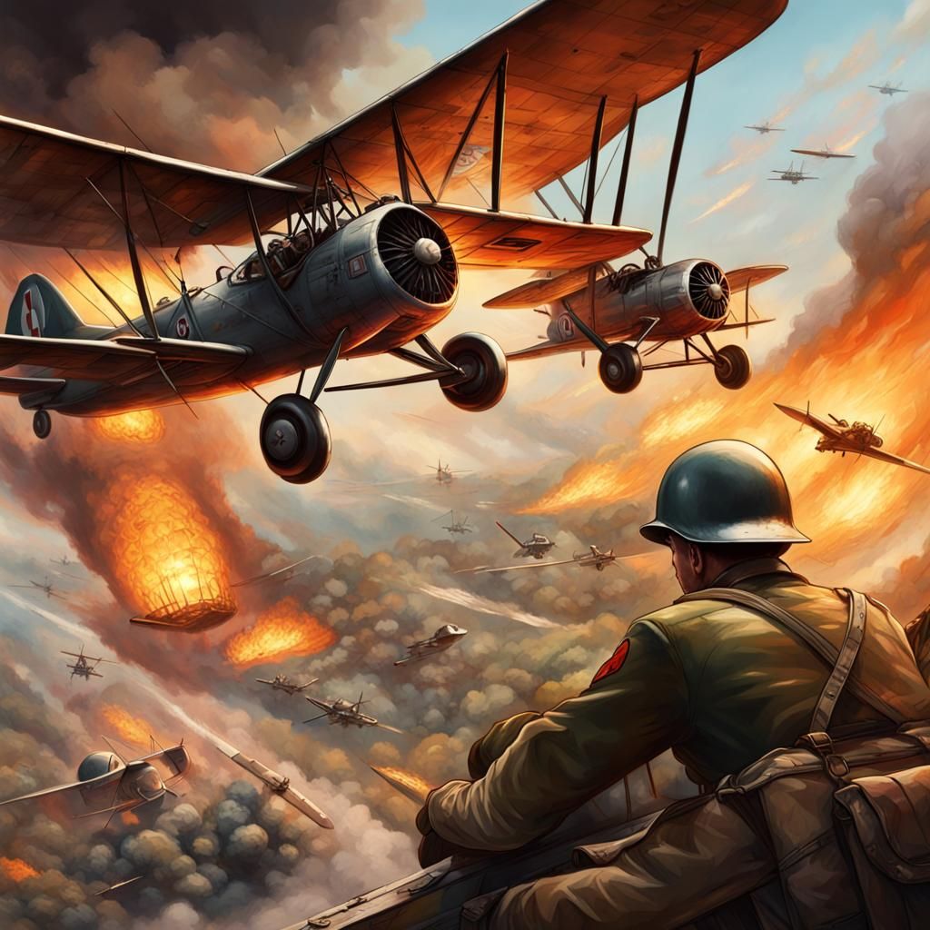 WWII Soldiers Fly Over Burning Battlefield