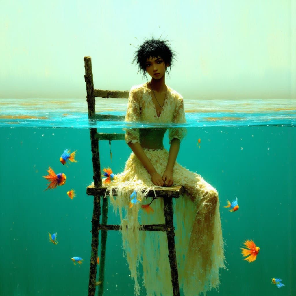 Woman Sitting in Calm Sea, Over/Under Water Shot