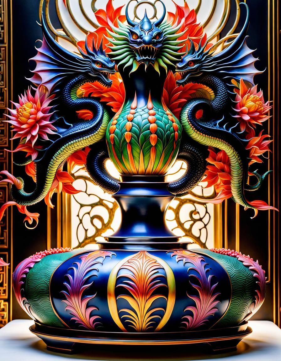 Japanese Vase with Dragonflowers in Giger Style