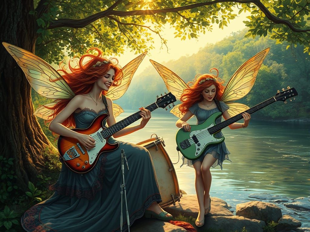 Victorian Fairies Play Rock Music by Riverside in Art Nouvea...