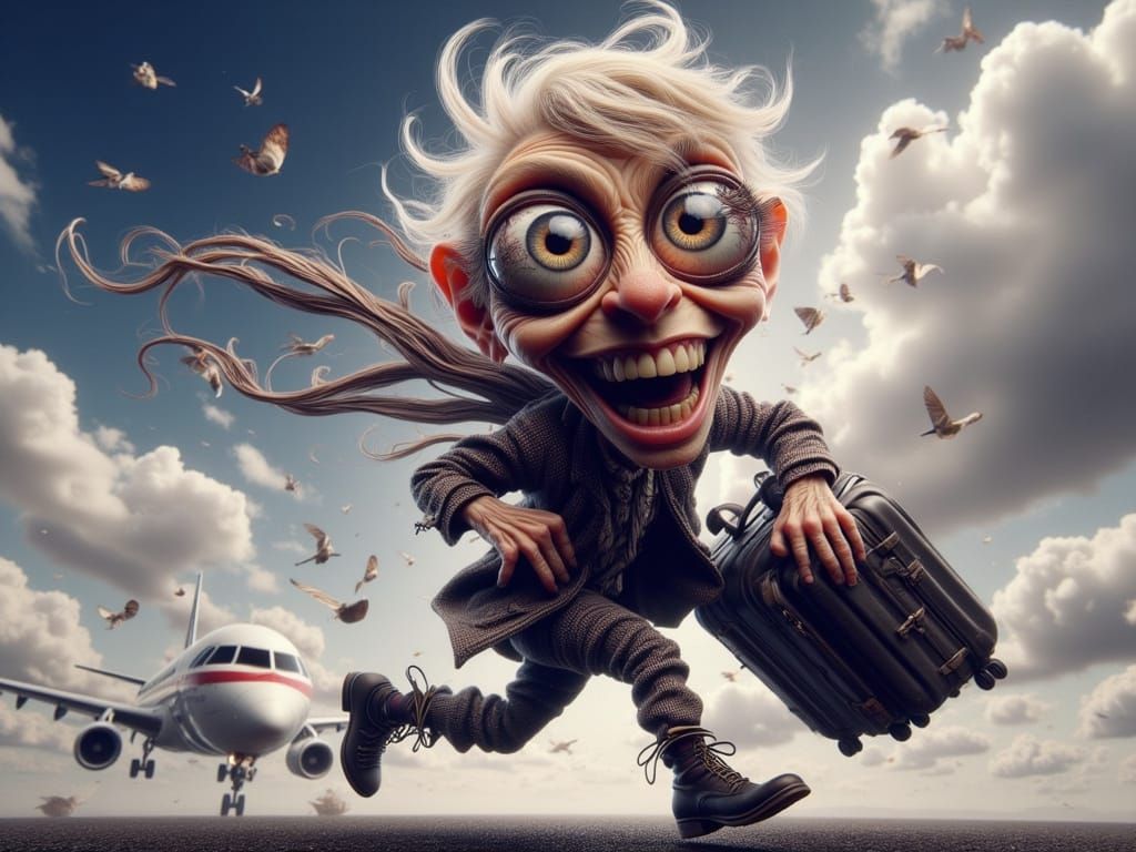 Comical Caricature of Rushing Celebrity with Luggage