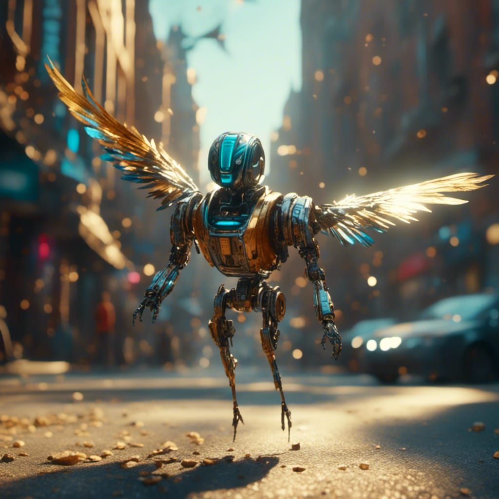 Realistic Robot Bird Flying Above Town Street