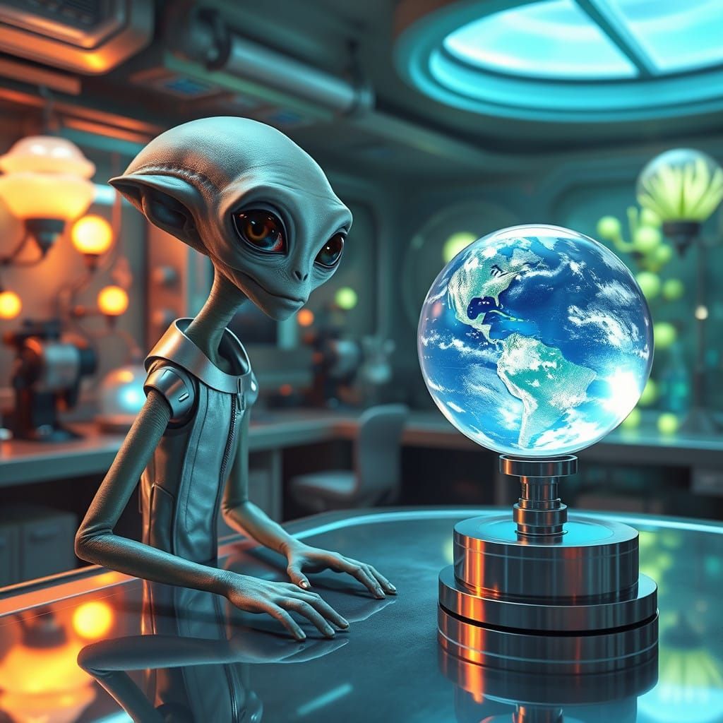 Alien Scientist Contemplates Iridescent Hologram of Earth in...