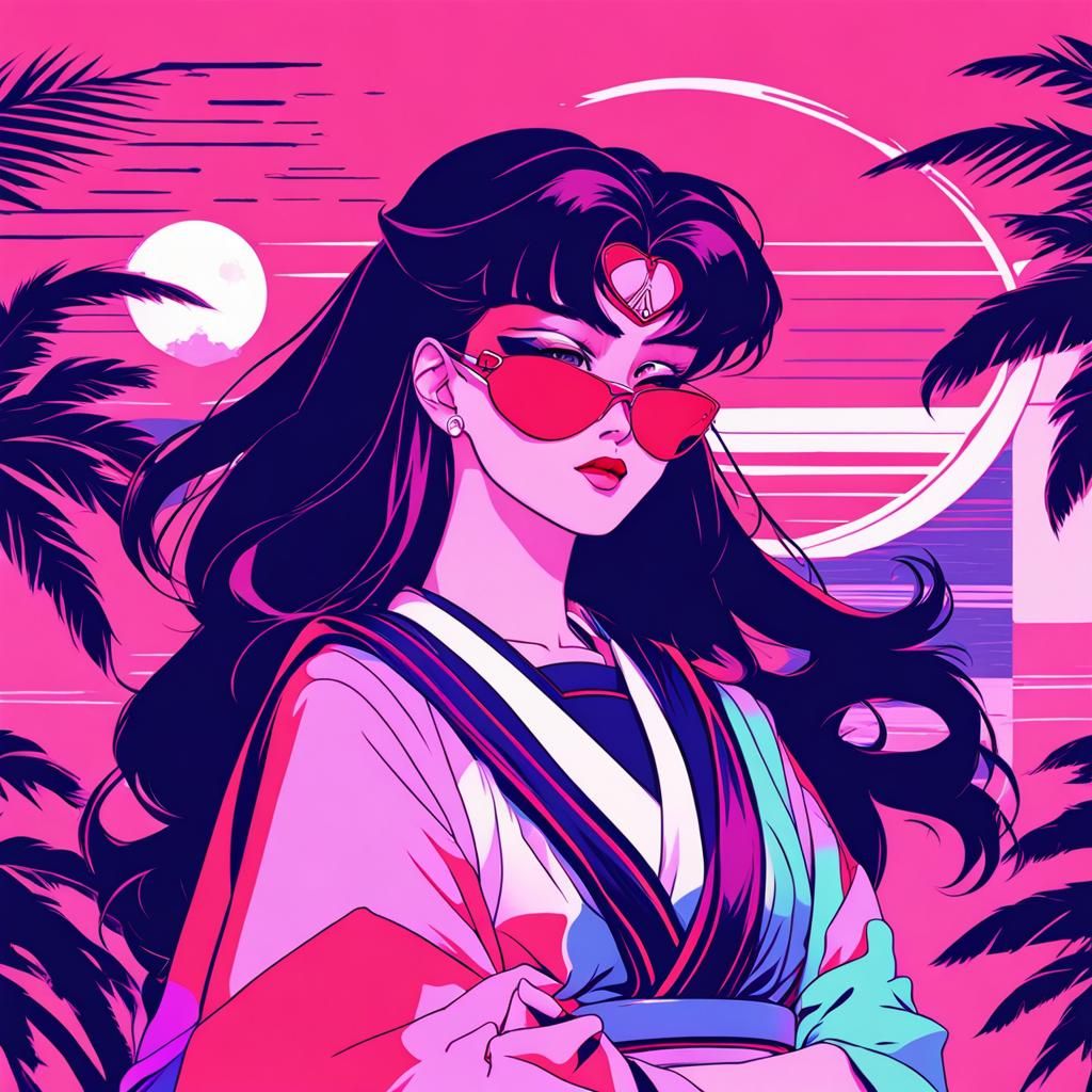 Vaporwave Aesthetic, Sailor Mars, moon cool colors deep colo...