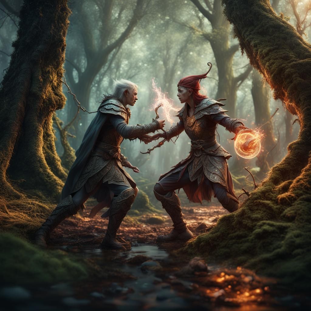 Elves Fighting with Magic in Forest