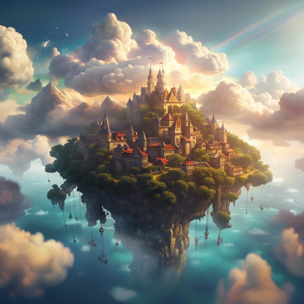 Floating Island City at Sunrise: Digital Matte Painting