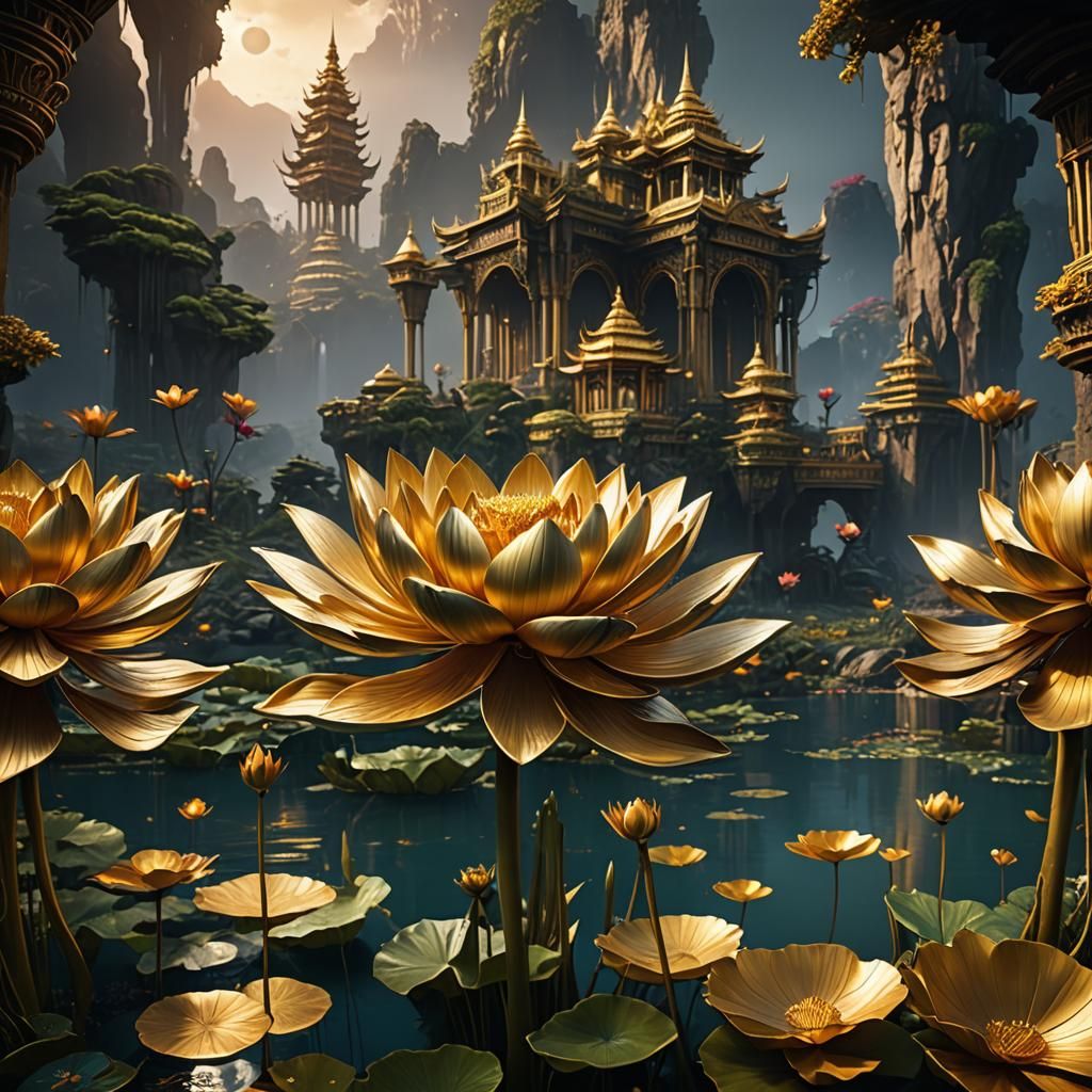 Gold Lotus: Detailed Matte Painting in Deep Color