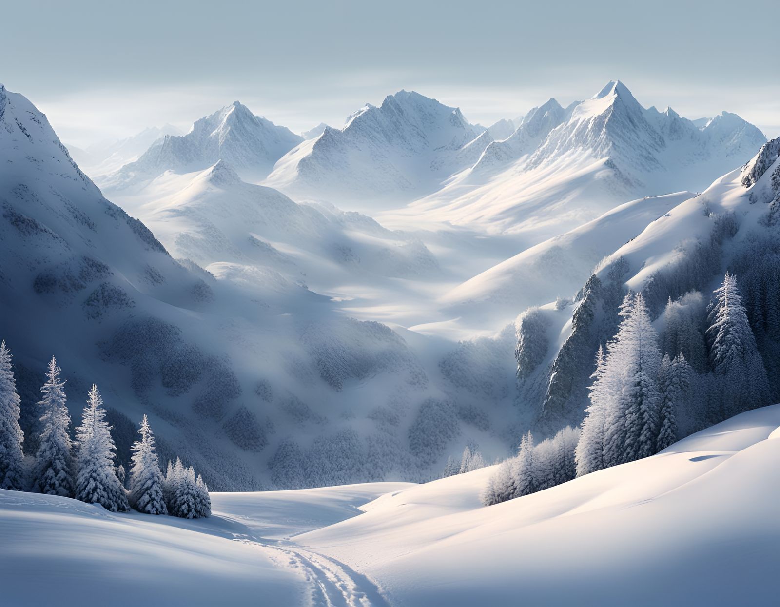 Surreal Winter Mountain Scene in a Cyberpunk Aesthetic