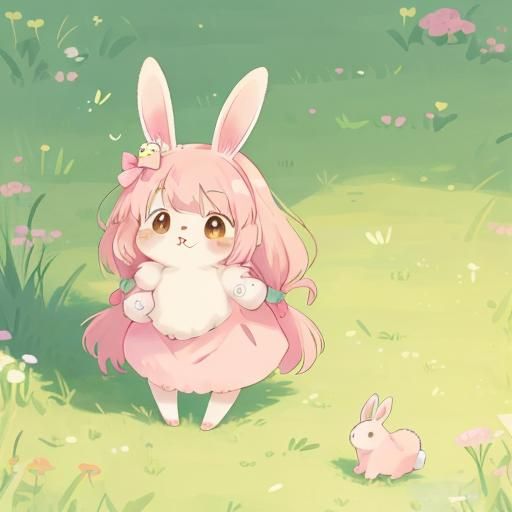 Anime Bunny Family in Grassy Field