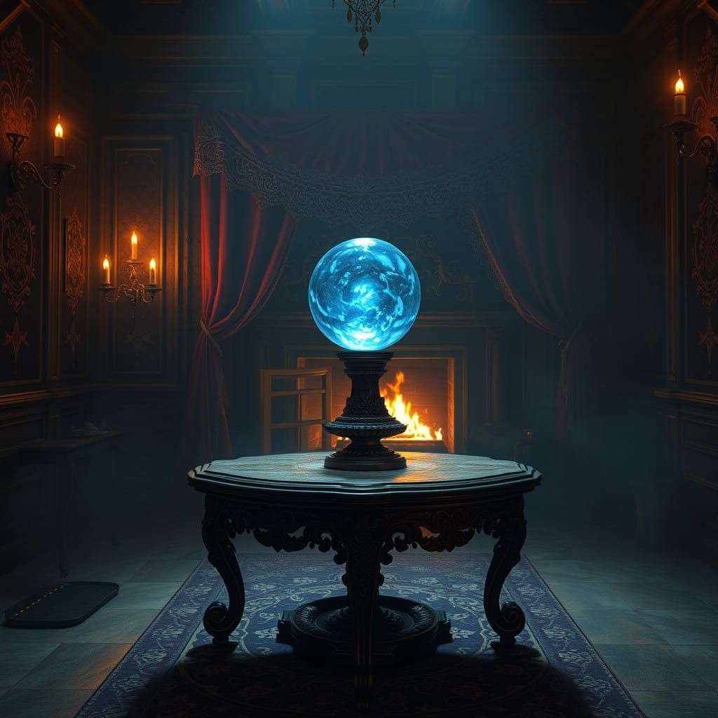 Mysterious Study with Crystal Orb and Flickering Fireplace
