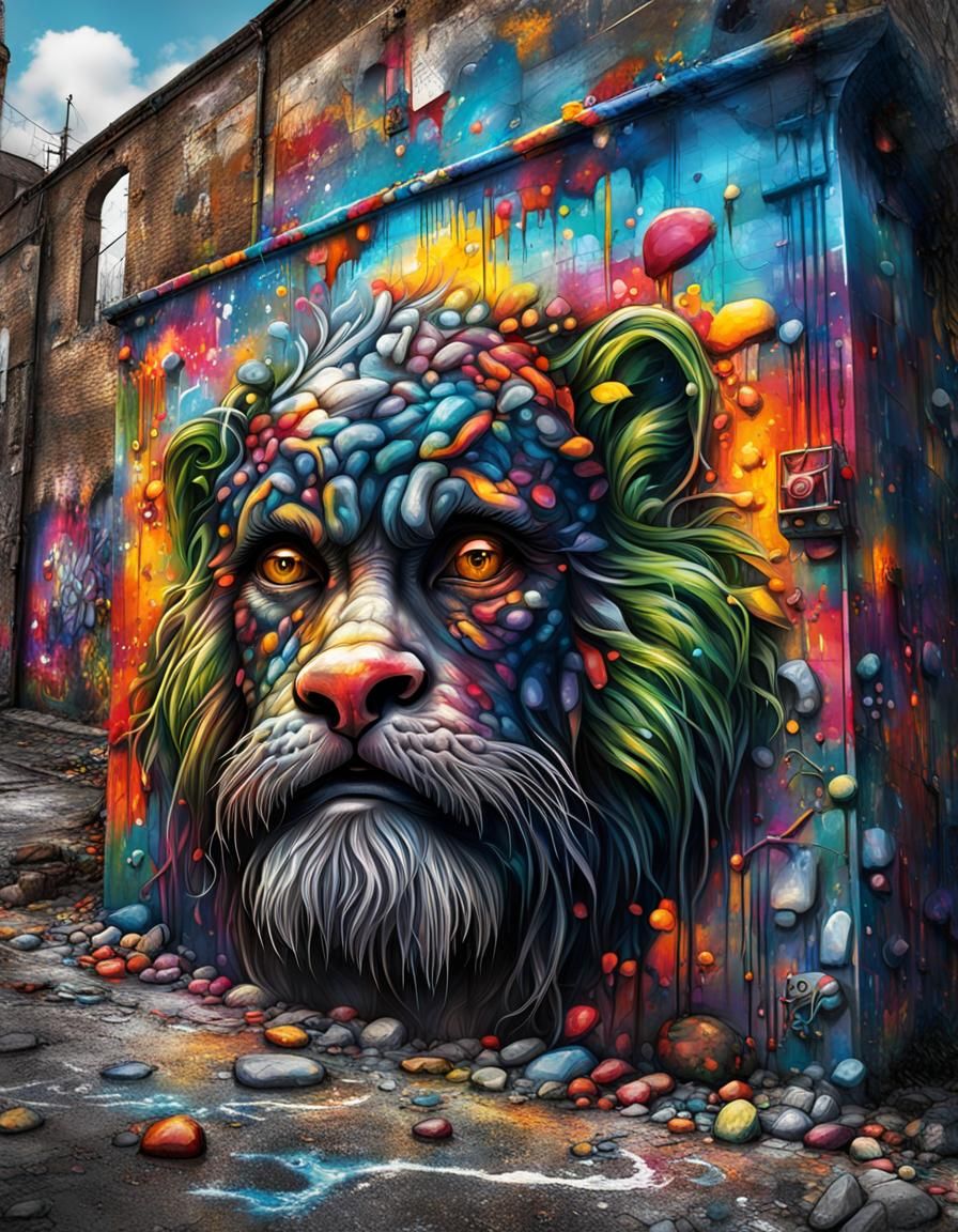 Hyperrealistic Lion Graffiti Art in HDR