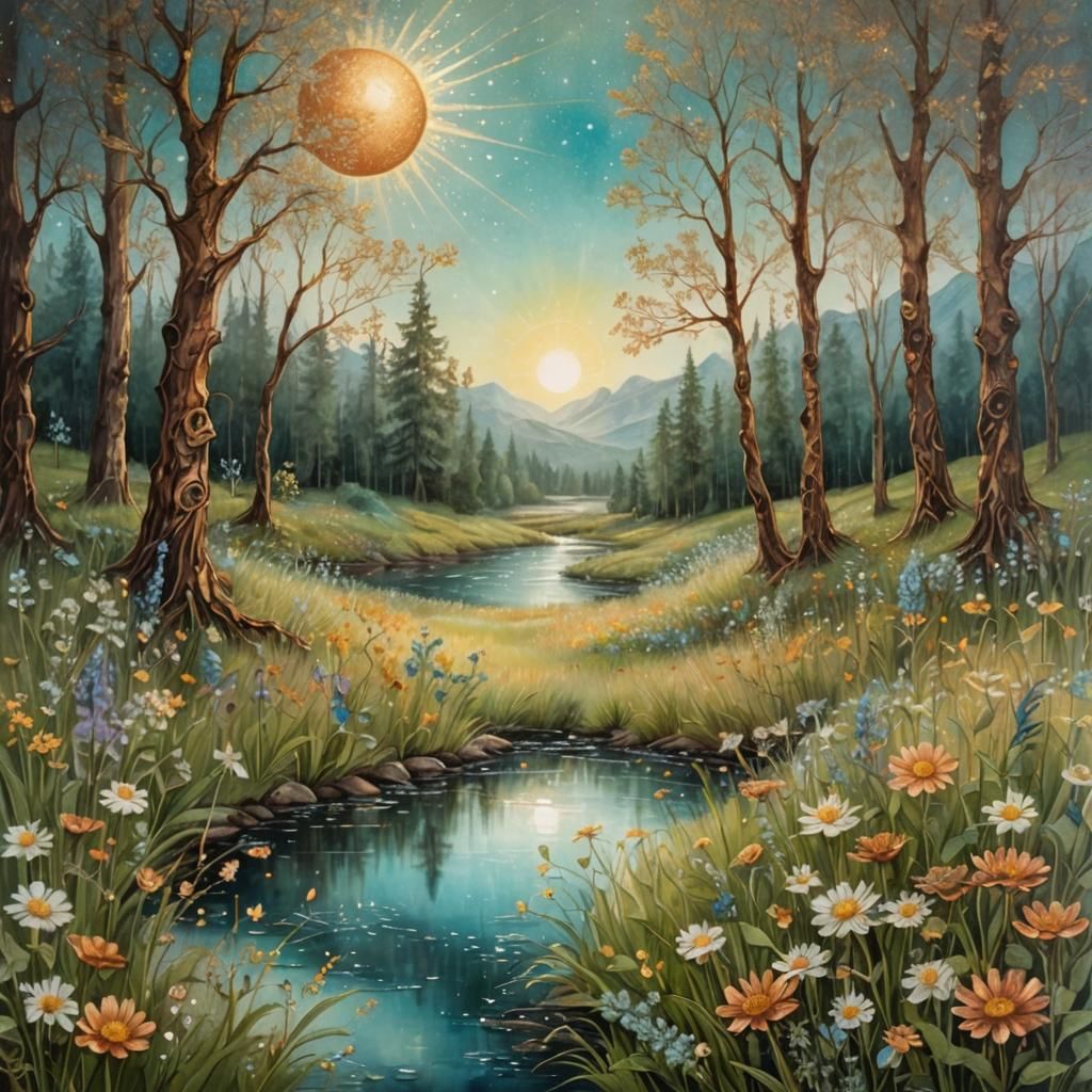 Fantasy Landscape with Iridescent Trees and Jeweled Leaves