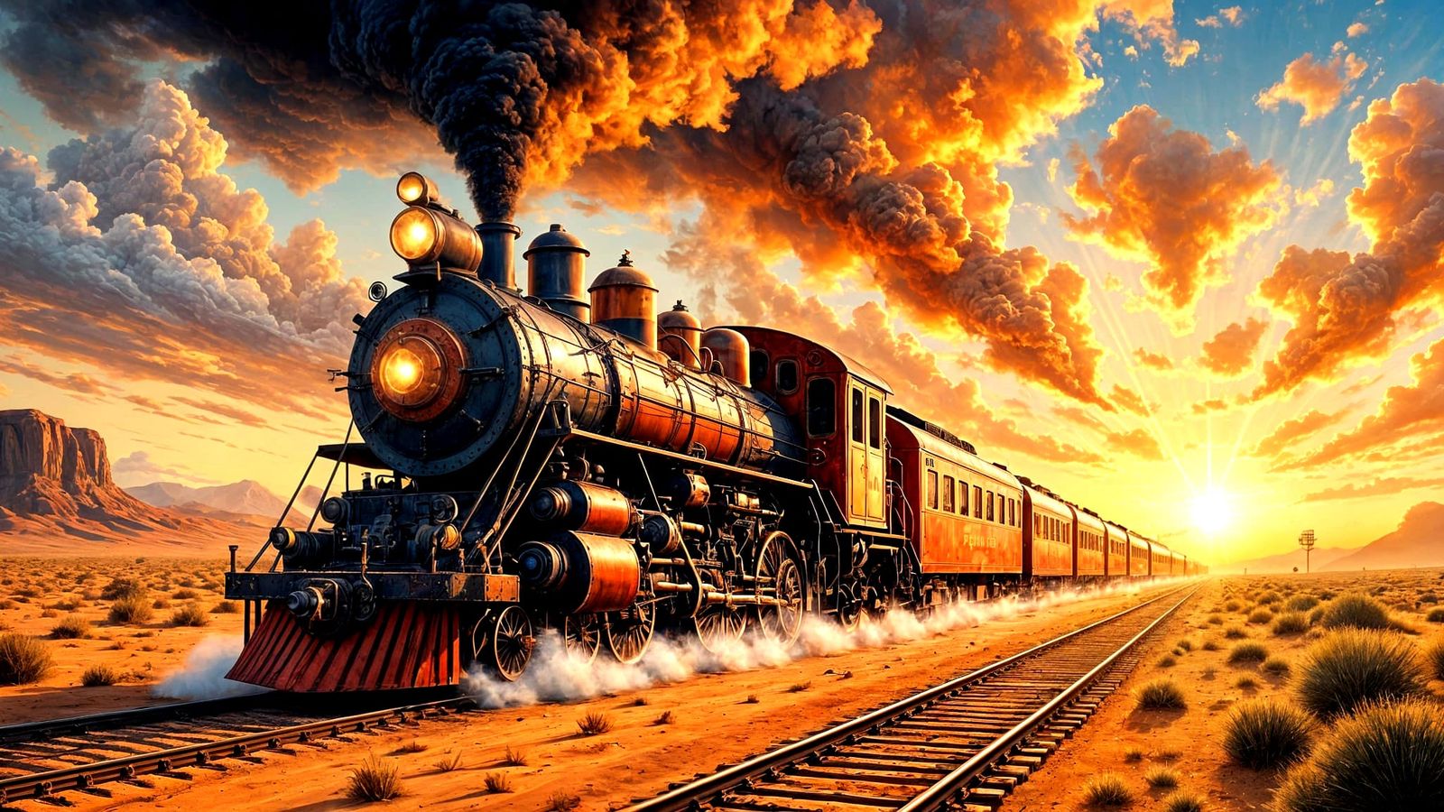 An 1890’s era steam locomotive headed towards the setting su...