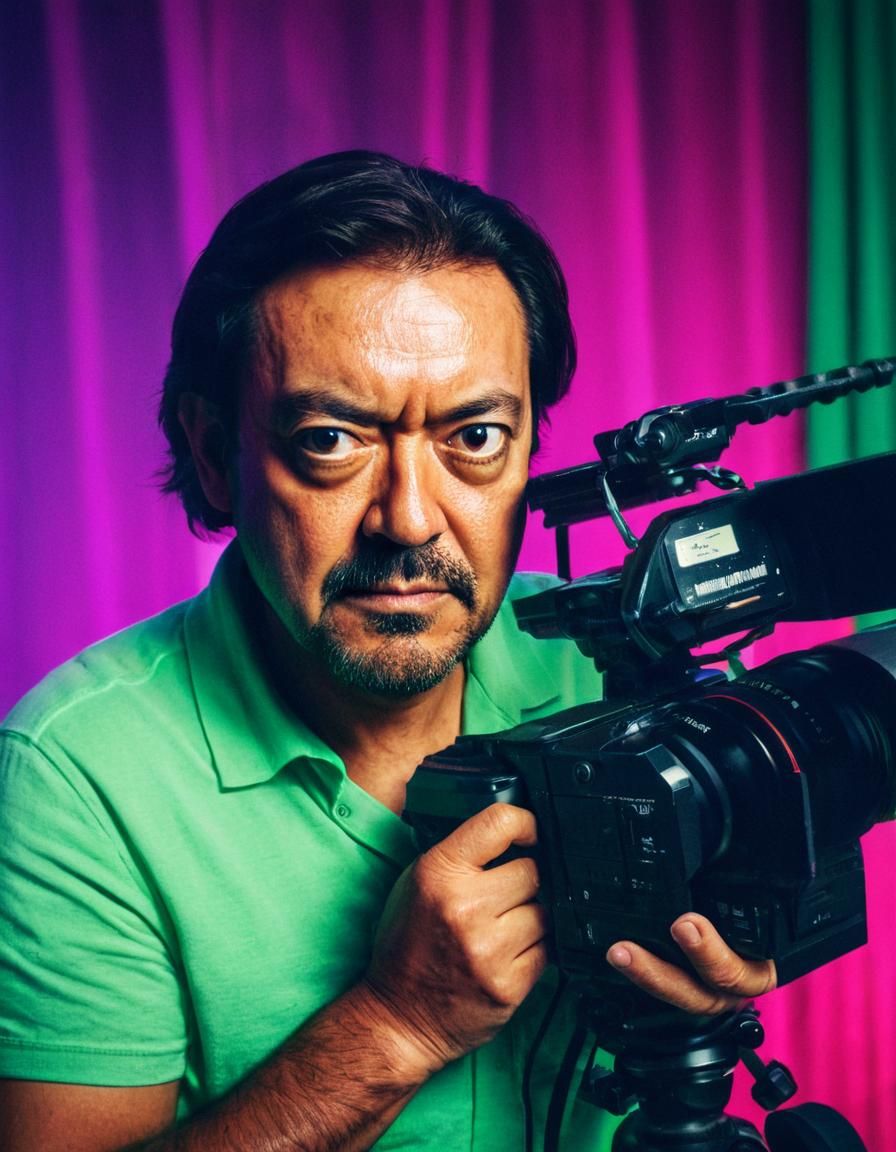 Photographer Posing with Video Camera in Studio