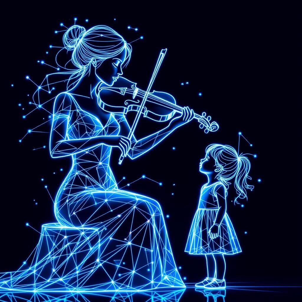 Graceful Woman and Girl Playing Violin in Neon Wireframe
