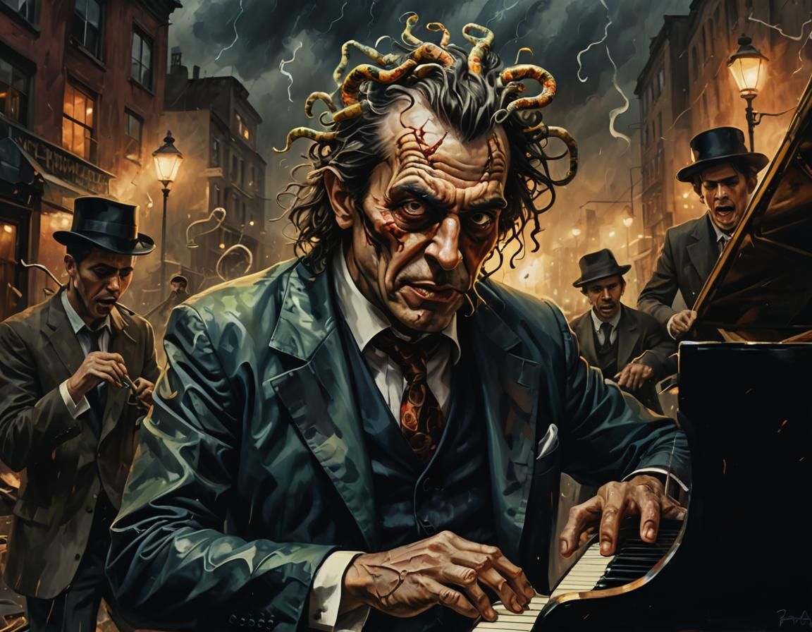 Grotesque Musician in Polluted City, Expressionist Oil Paint...