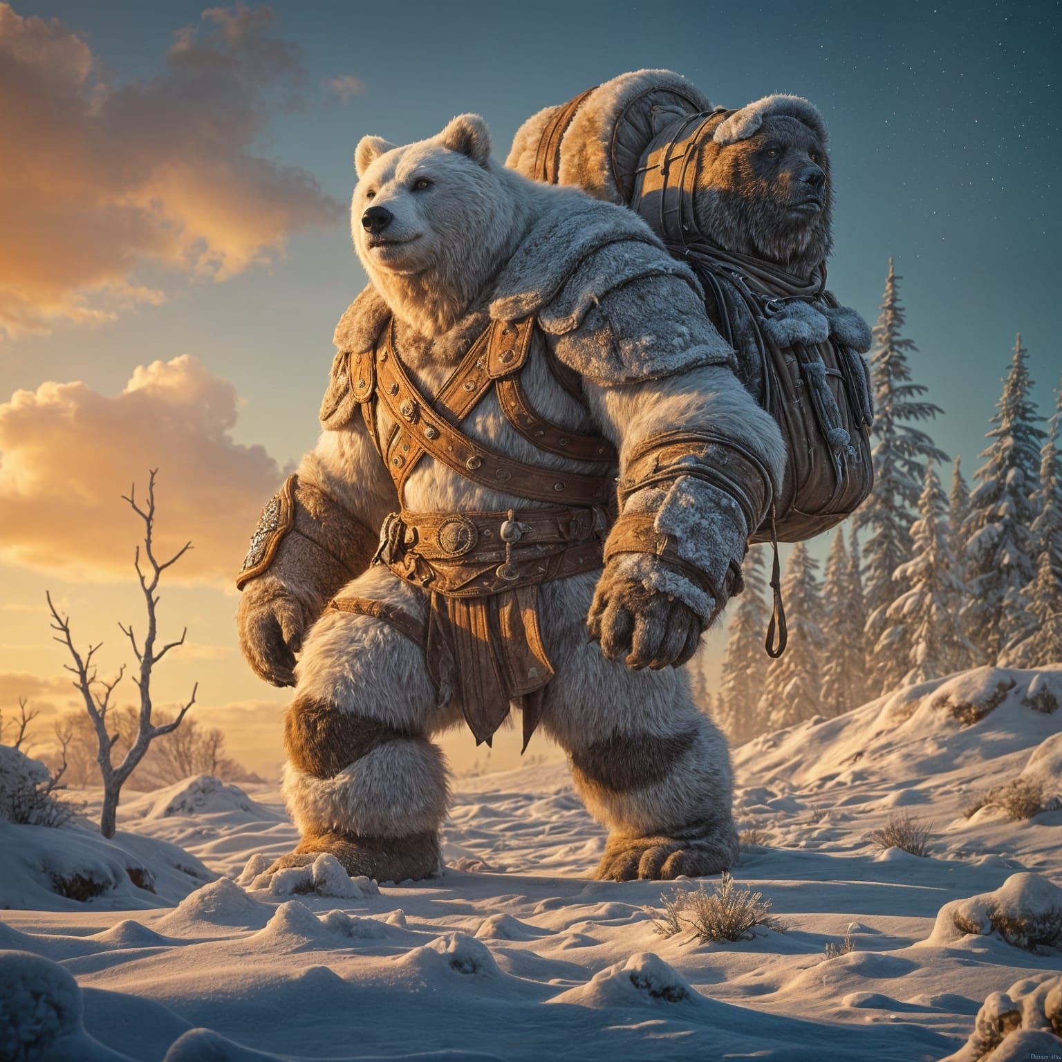 Fantasy Bear Warrior Embodies Power in Snowy Wilderness