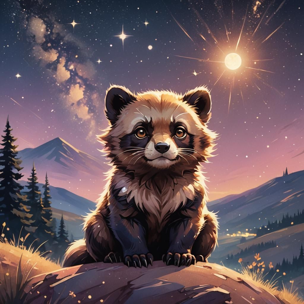 Whimsical Wolverine Gazing at Starry Sky