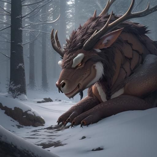 Resting Dragon in Snowy Forest: Studio Ghibli Anime