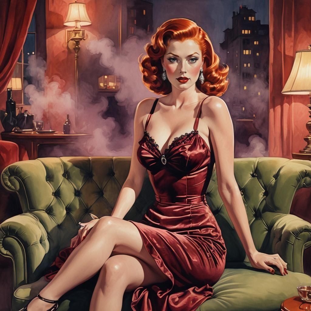 Glamorous Redhead Pin-Up in Gouache Style