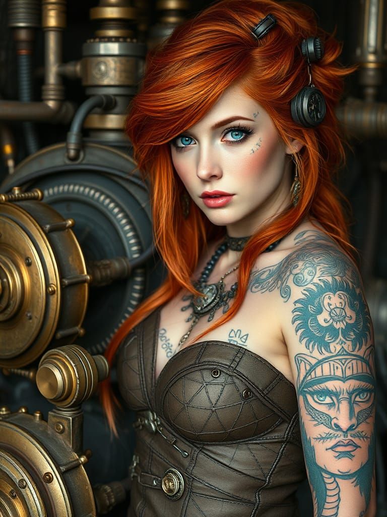 Steampunk Woman with Engine in Sci-Fi Style