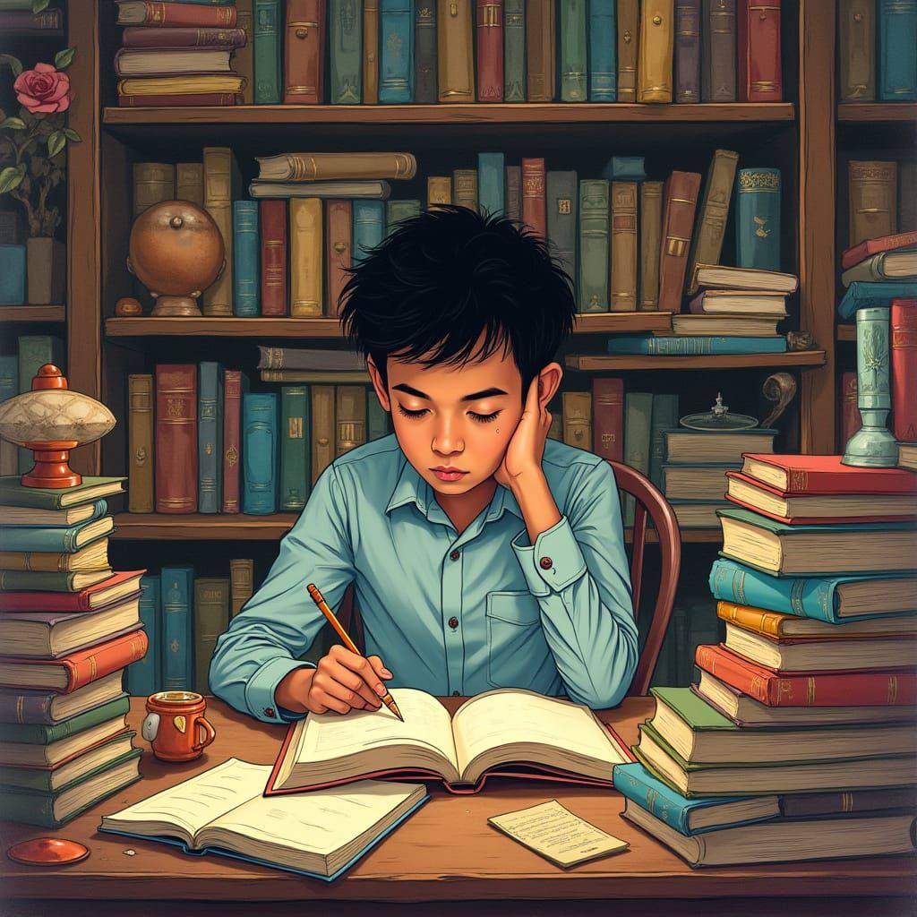 Student Reading Thesis in Eclectic Library, Digital Art