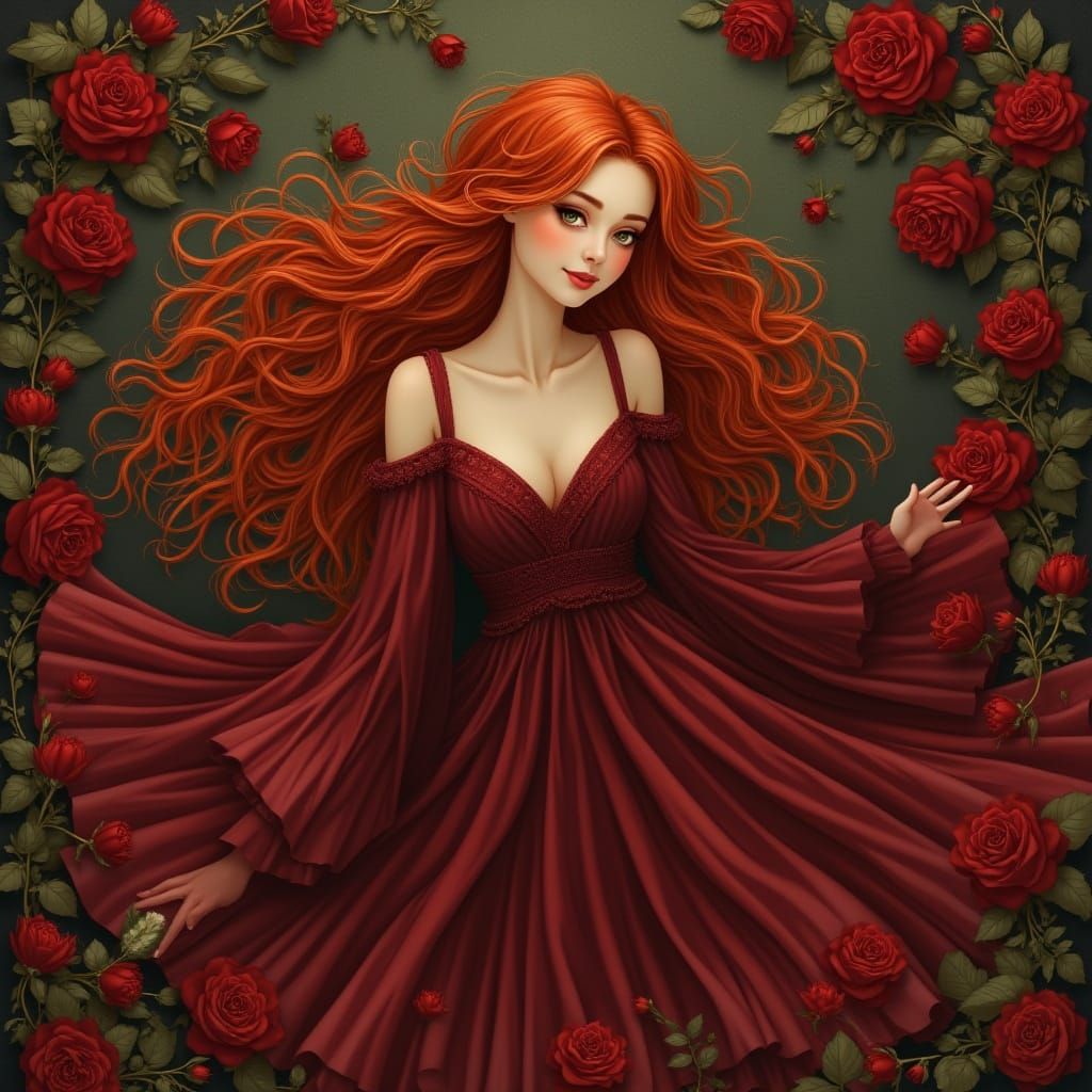 Ethereal Beauty in Long Cabernet Dress with Dark Red Roses