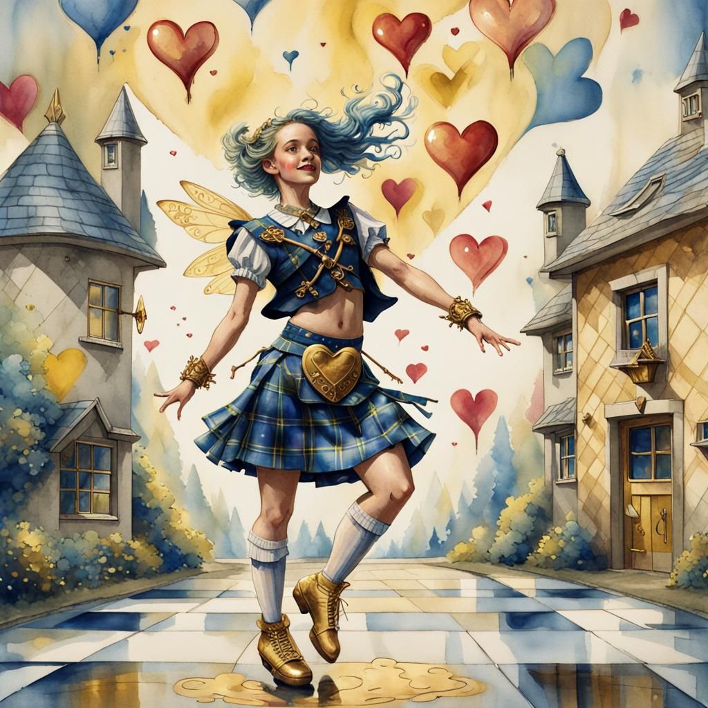 Fairy Dances in Air Village, Art Deco Watercolor