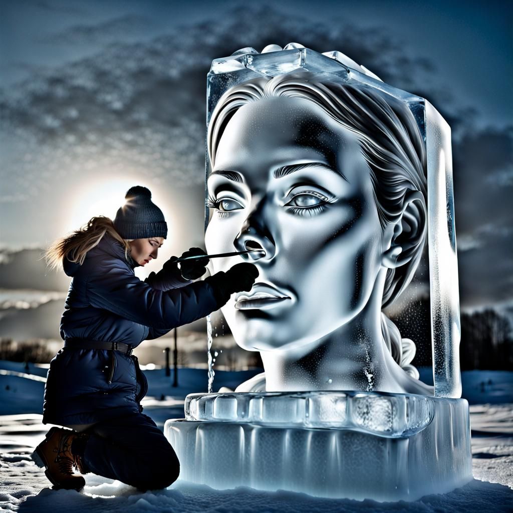 Ice Sculptor Creates Giant Woman's Face