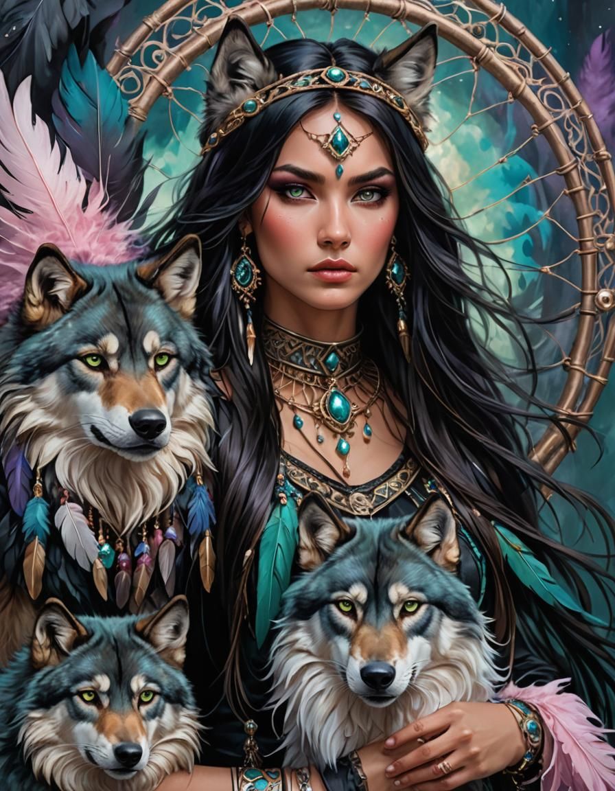 Warrior Princess Portrait with Wolf in Art Nouveau Style