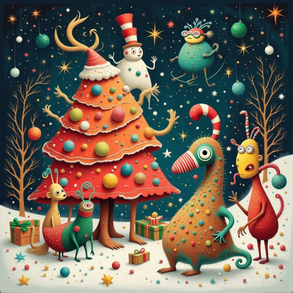 Whimsical Christmas Monsters Decorating a Candy Cane Tree