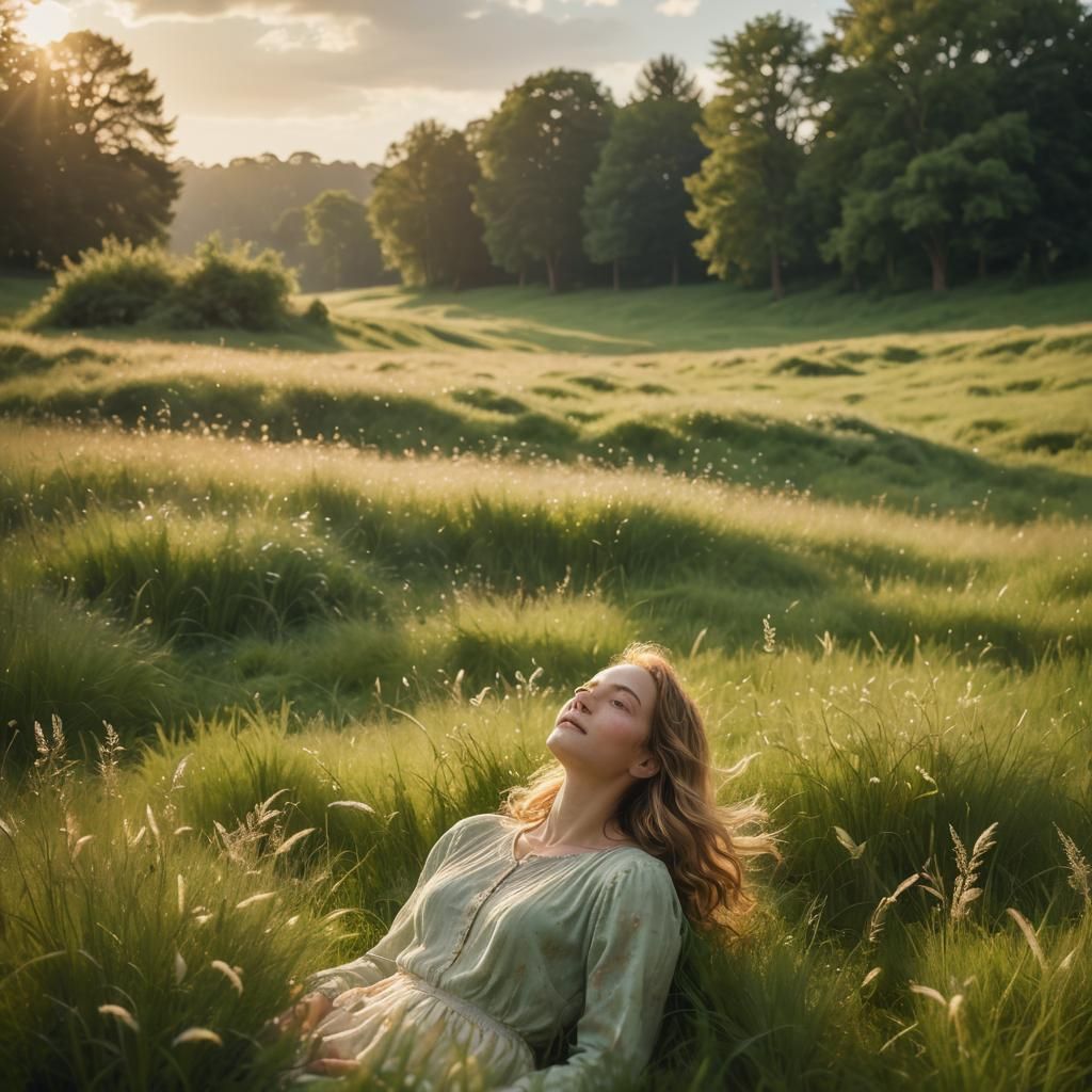 Woman in Meadow Bathed in Divine Light