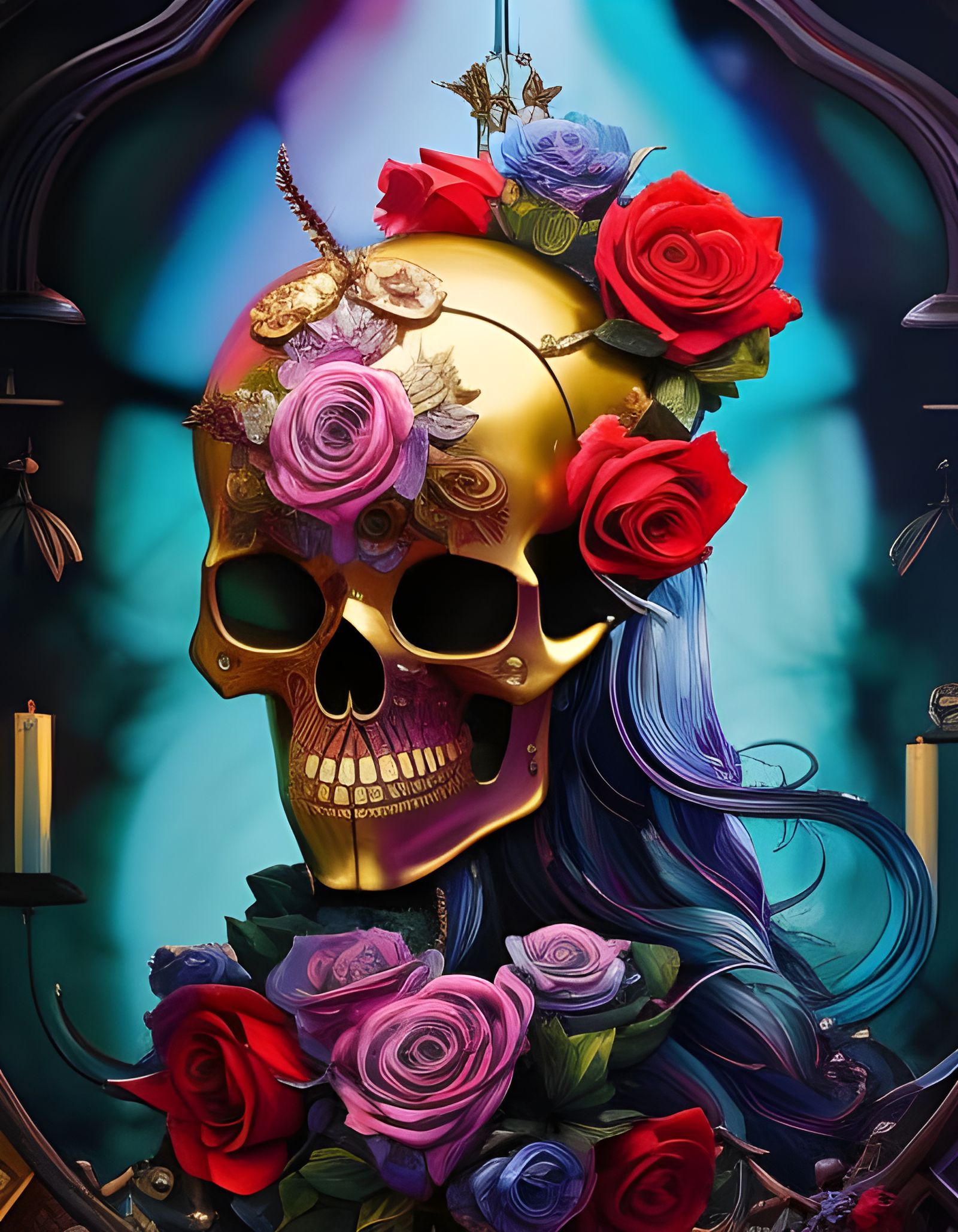 Stained Glass Skull with Roses: Digital Illustration
