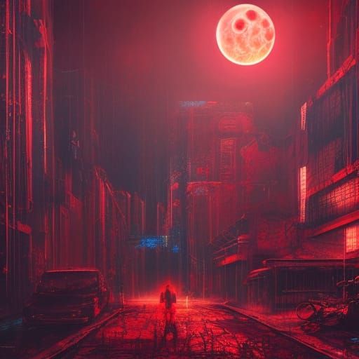 Cyberpunk Urban Decay Under a Blood Moon