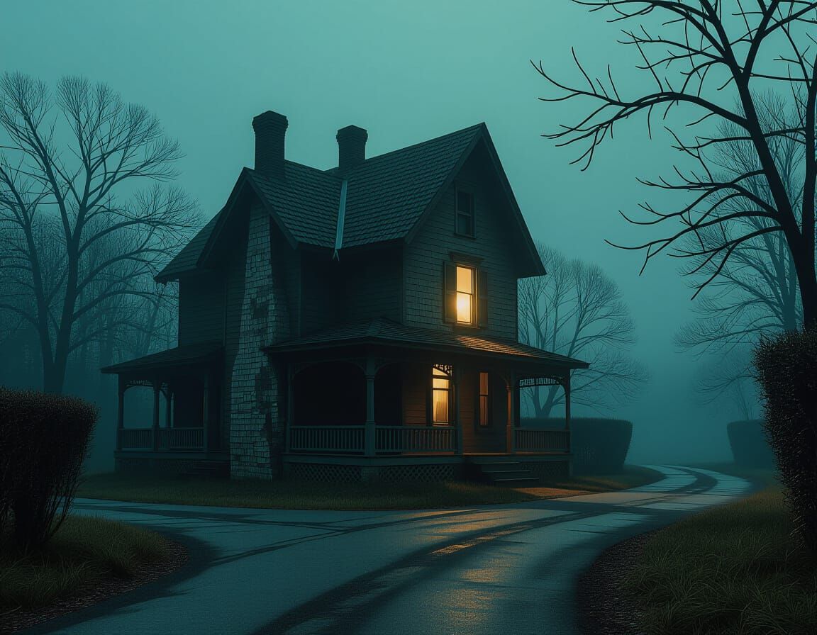Eerie Old House on Deserted Street with Lone Light