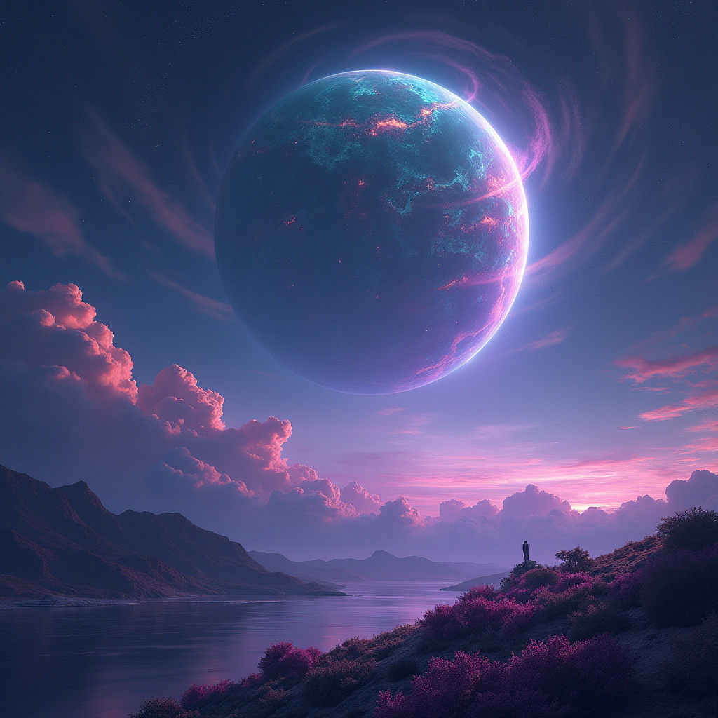 Iridescent Alien Planet Landscape in Digital Painting Style
