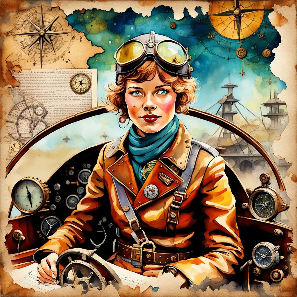 Amelia Earhart in Steampunk Cockpit, Fairytale Art