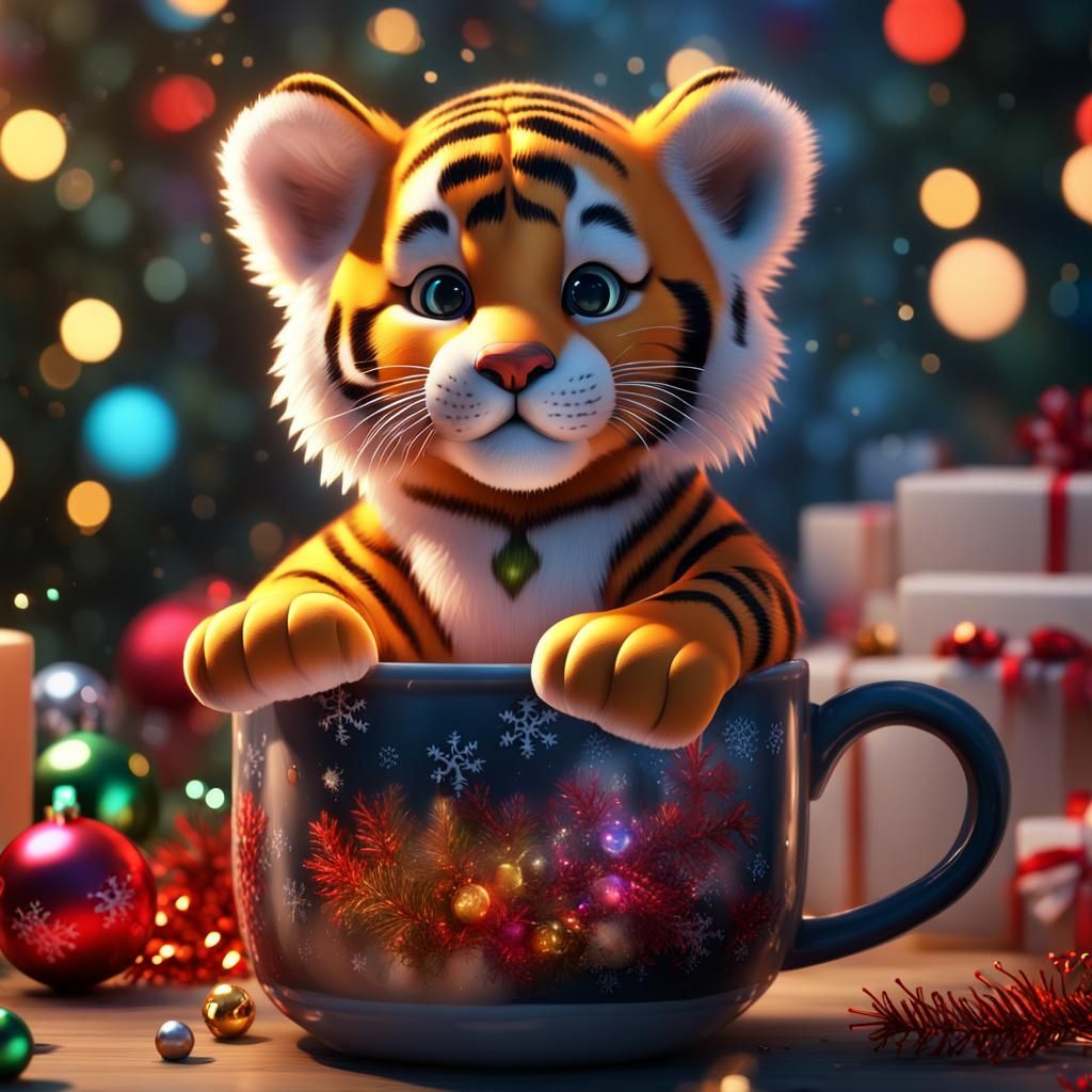 Cute Tiger Cub Portrait with Christmas Decor in 8K