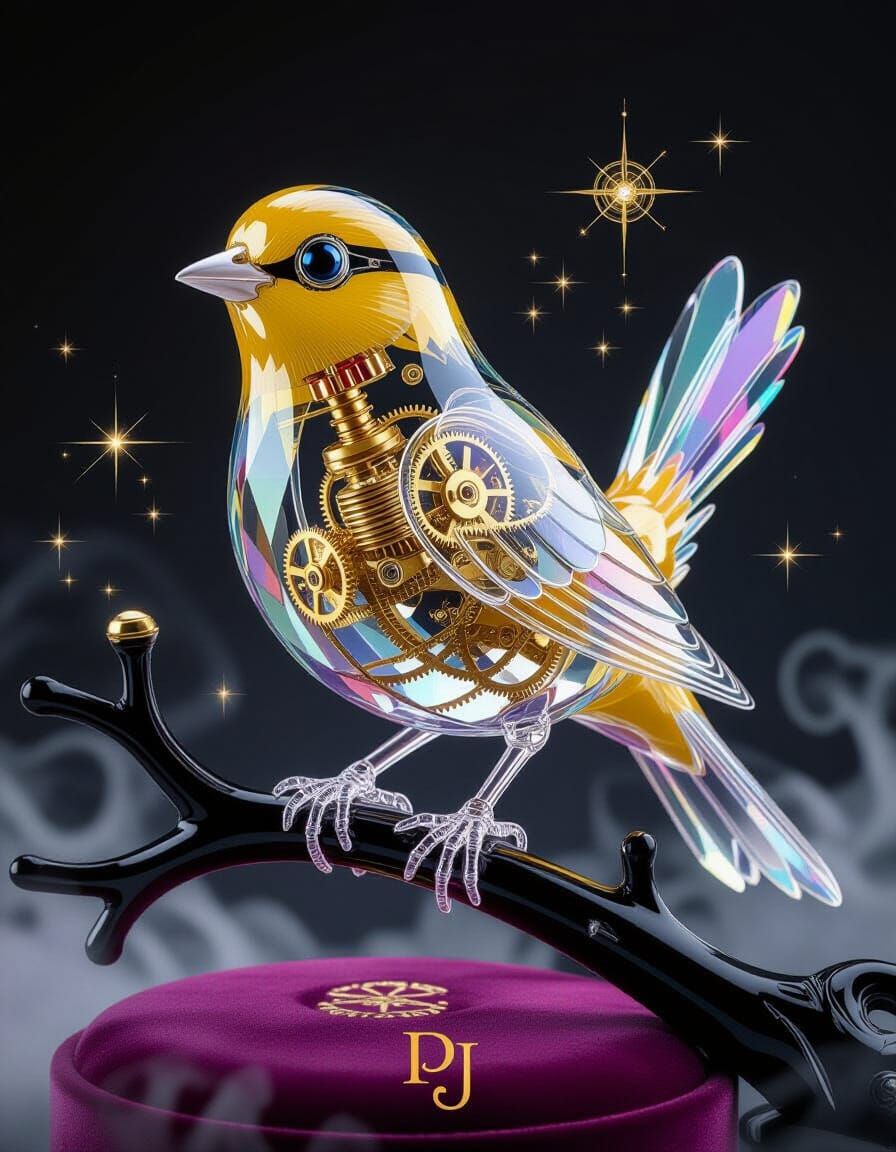 Glass Canary with Clockwork Heart on Obsidian Branch