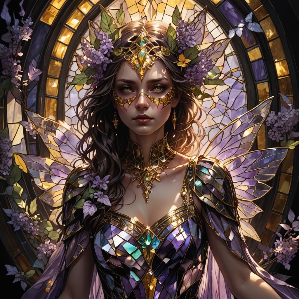 Fairy in Stained Glass Dress, Dark Fantasy Art