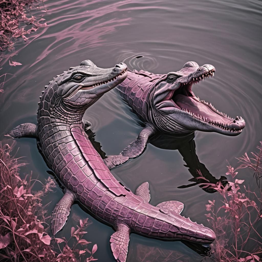 Hyperrealistic Pink Gator and Dolphin Composition