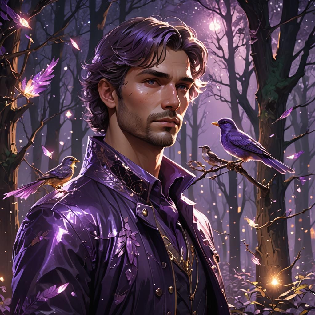 Amethyst Bird Portrait in Sparkling Forest, Digital Art