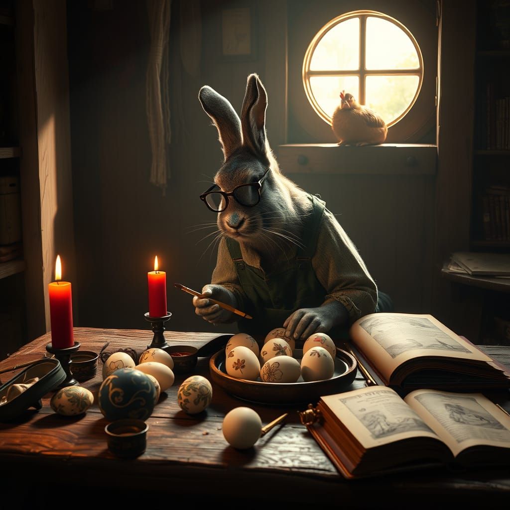 Hare in Whimsical Study with Eggs and Candlelight