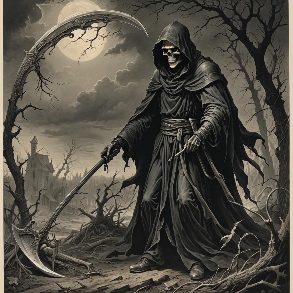 Grim Reaper with Scythe in Gothic Horror Style