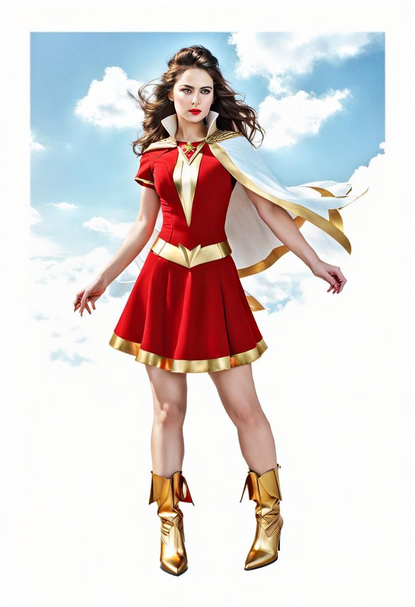 Brunette Girl Superhero with Thunderbolt and Cape