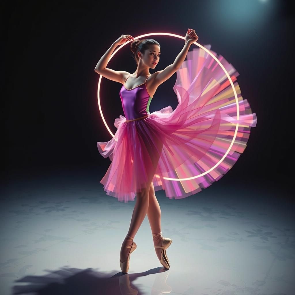 Ballet Dancer with Neon Hoop in Art Nouveau Style