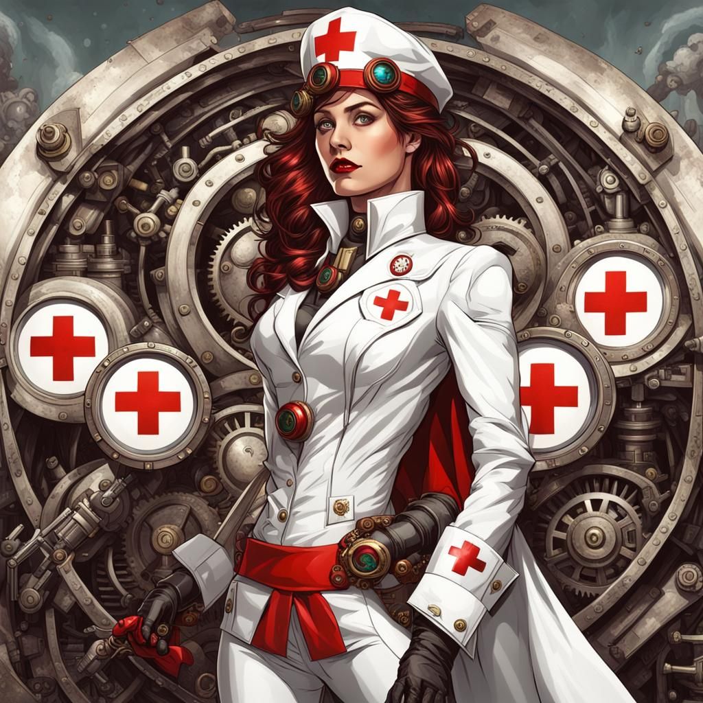 Elegant Steampunk Heroine with Red Cross Emblem