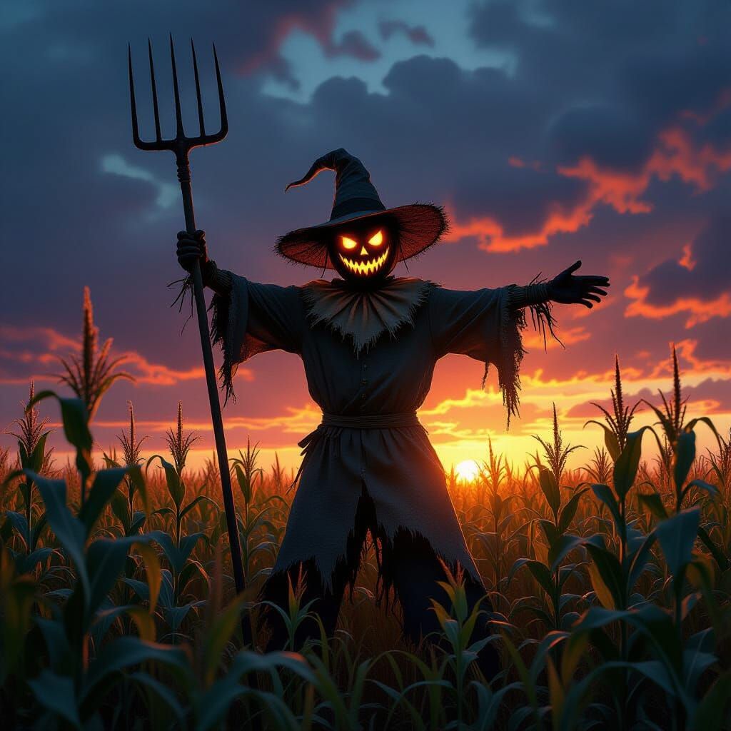 Scarecrow Awakens in Twilight Cornfield