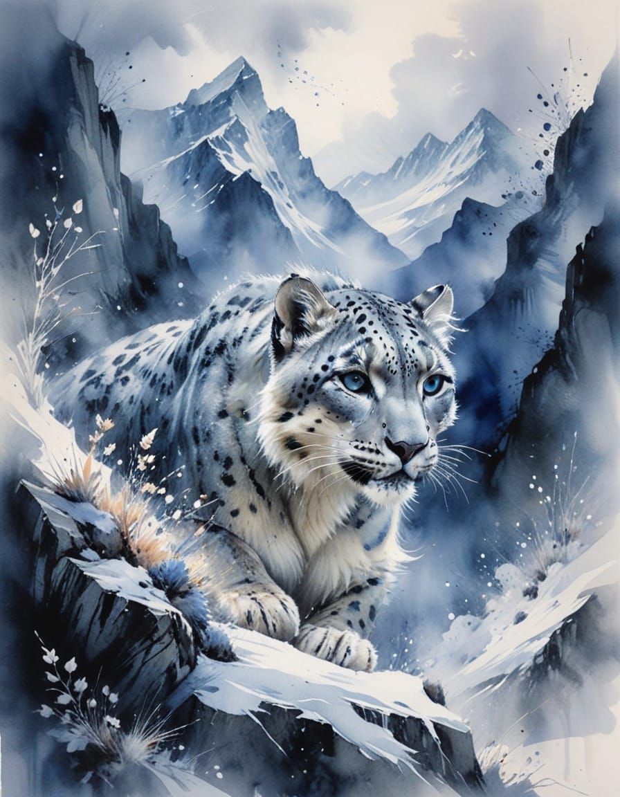Snow Leopard in Himalayan Pass: Sumi Ink Watercolour